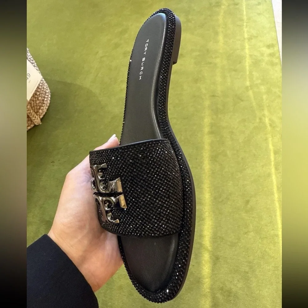 Tory Burch Everly Rhinestone Slides, Perfect Black / Jet / Pewter Size‎ 9